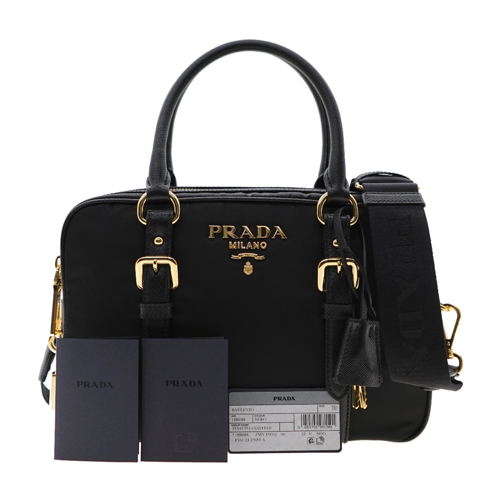 Prada Satchel Shoulder Bag Black Nylon & Saffiano Leather With Lock And Key New - Picture 4 of 9